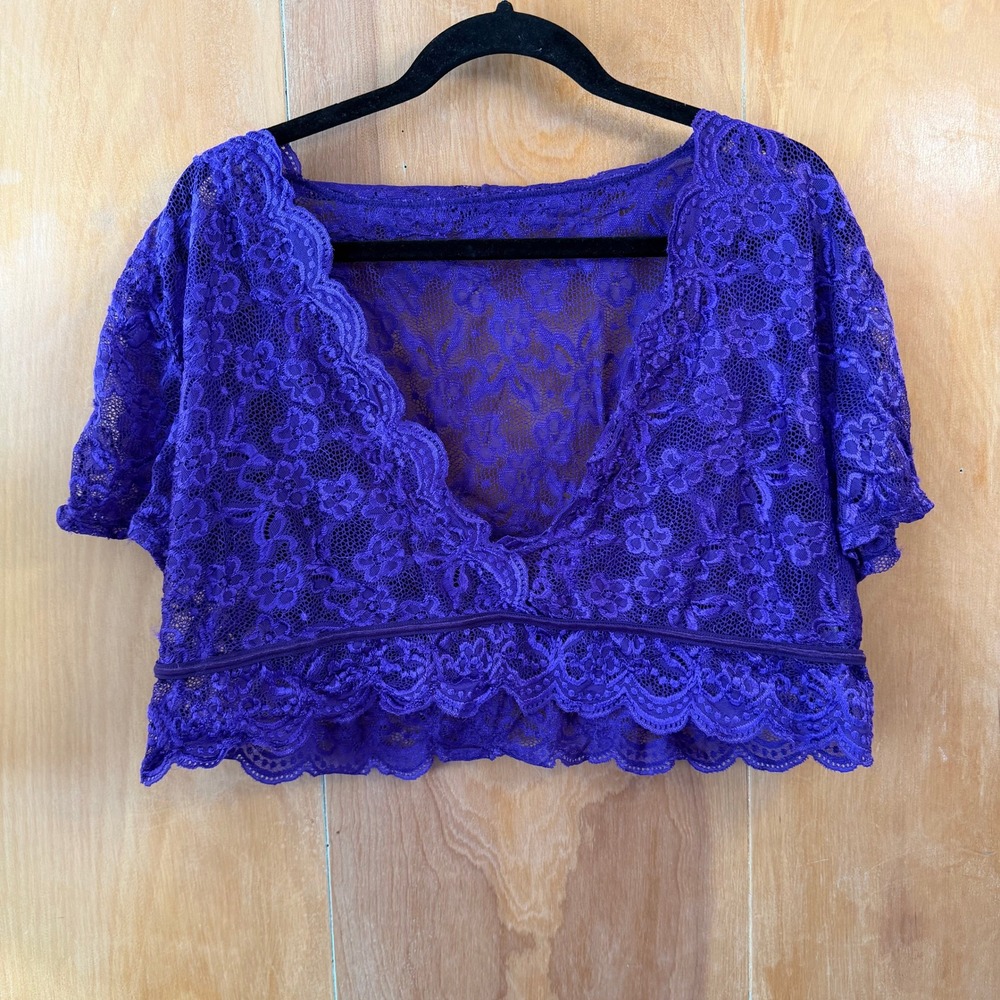 Purple Floral Lace V-Neck Crop Top Short Sleeve Scalloped Hem Plus Size 5XL‎
